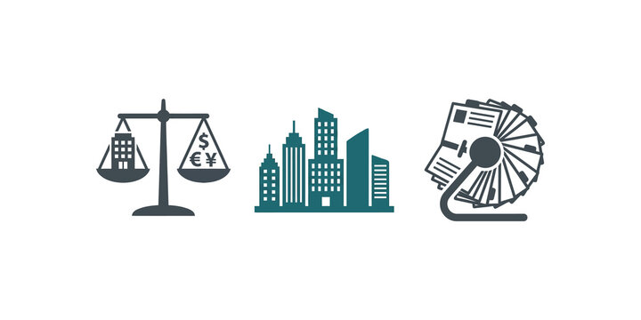 City architecture with legal justice scale and document rolodex set.