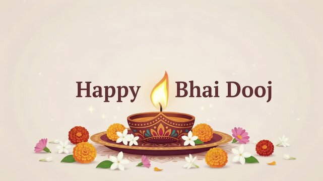 Happy Bhai Dooj Festival Greeting Animated Background with Glowing Diya Lamp and Floral Puja Plate
