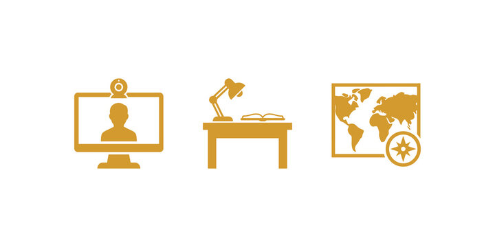 Elearning computer with webcam study desk and world map flat icons.