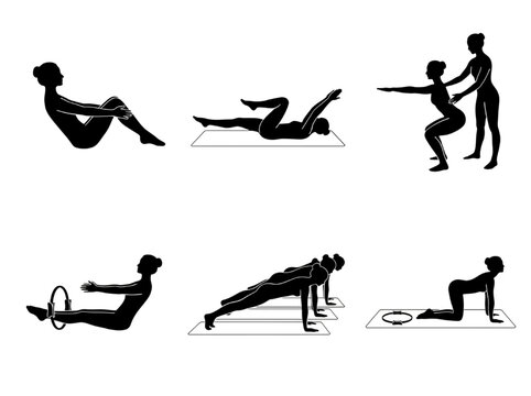 Pilates Exercise Poses and Movements Illustrated in Silhouette