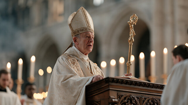 Elderly bishop in ornate vestments standing at carved wooden cathedral altar during solemn high mass, golden candlelight illuminating his mitre and crozier staff, incense smoke