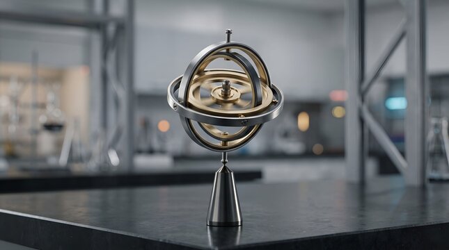 Precision Metallic Gyroscope Device on Laboratory Desk, Spinning Physics Gyro Model with Brass and Steel Rings, Navigation and Aerospace Technology Concept
