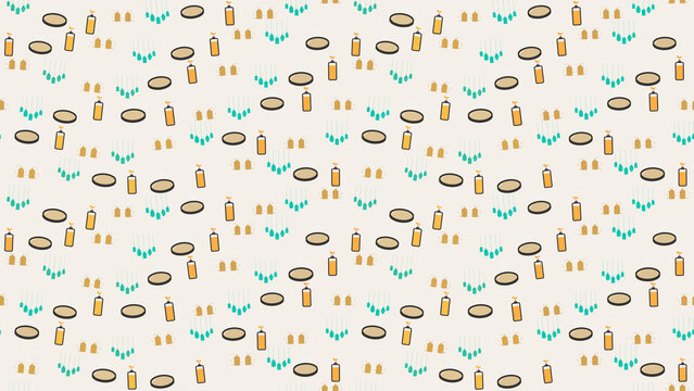 Seamless pattern of bottles, oval shapes, and tea bags