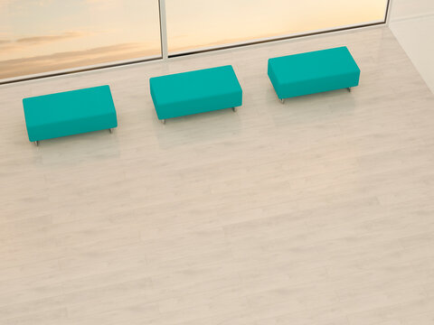 Footstools at the window at sunset, 3D rendering