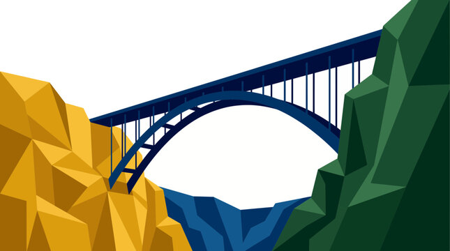 Geometric arch bridge vector illustration showing modern bridge structure, low poly mountain cliffs and deep canyon view, concept for infrastructure connectivity and business progress