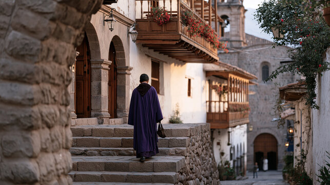 Peruvian bishop in purple cassock walking narrow cobblestone alley of historic colonial city toward cathedral entrance at dawn, traditional stone archways and flowering balconies