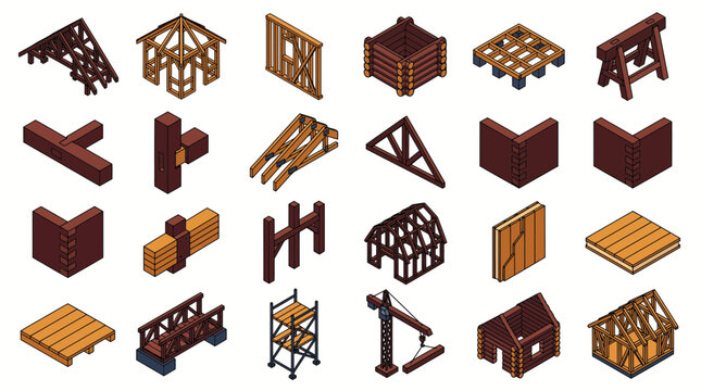 Isometric wooden house construction vector icons featuring roof trusses, timber frame joints and scaffolding structure, concept for architectural design and carpentry engineering