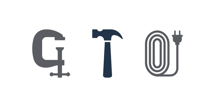 Tool icons clamp hammer and coiled cable for repair.