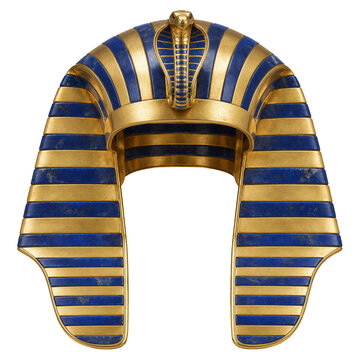 Ancient egyptian pharaoh nemes headdress with uraeus cobra and blue gold stripes isolated