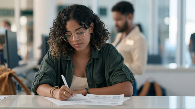 Brazilian college student signing student loan promissory note at credit union counter, backpack on floor, education financing forms stamped and notarized, anxious expression,