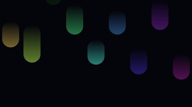 Colorful blurred shapes float softly across a deep black background.