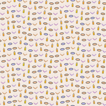 Seamless pattern with bottles, ovals, and hanging shapes