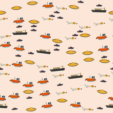 Cartoon transportation pattern with ships, planes, and abstract shapes