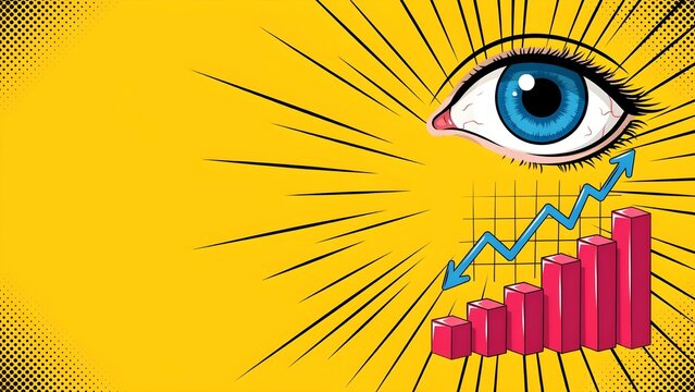 Pop art comic style background with a detailed blue eye looking at a rising stock market bar chart, representing business growth, financial analysis, vision, and economic data trends