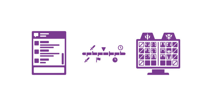 Strategy gaming interface purple icons show chat history timeline roster.