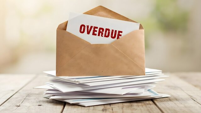 Open brown envelope with overdue letter on a stack of mail