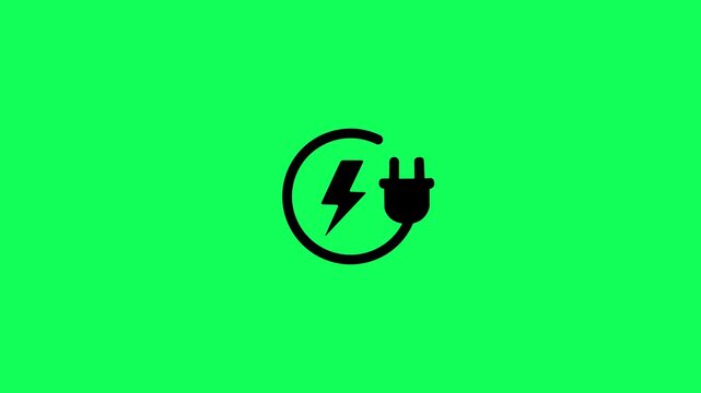 Electric power charge icon with plug and bolt animation on green background. Lightning bolt and electric plug inside circle animation for charging supply, connection, energy, power and technology