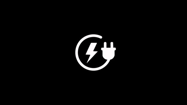 Electric power charge icon with plug and bolt animation on black background. Lightning bolt and electric plug inside circle animation for charging supply, connection, energy, power and technology