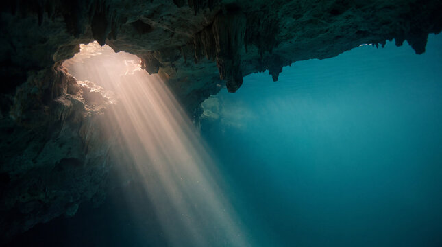 Warm Surface Light Fading into Cyan Cave Depths