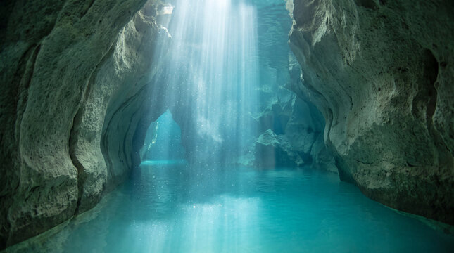Sunbeam Crossing a Clear Freshwater Cave Passage