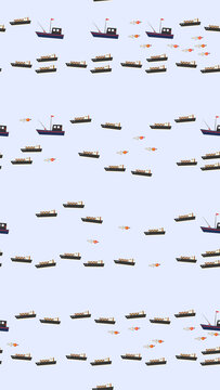 Seamless pattern of cargo ships and fishing boats with planes