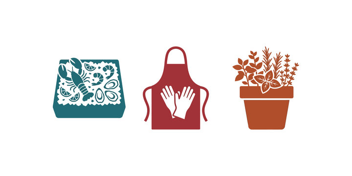 Cooking and gardening set featuring seafood apron and potted herbs.
