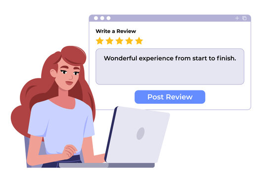 Woman Writing Customer Review on Laptop