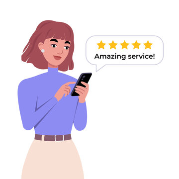 Woman Giving Five Star Mobile Review