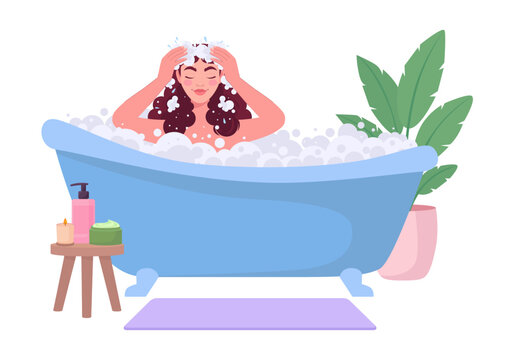 Woman Washing Hair in Bubble Bath