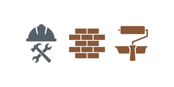 Construction hard hat brick wall paint roller flat icon set.