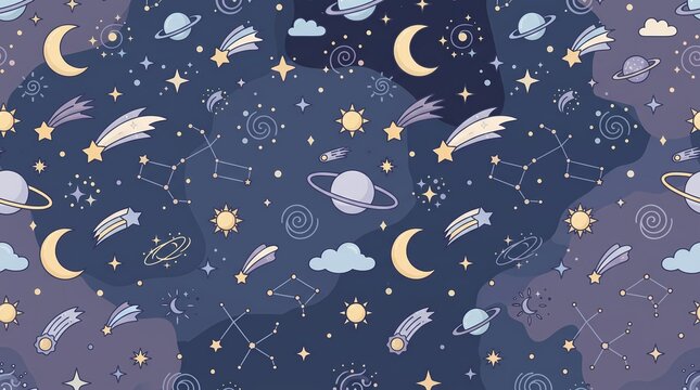 Magical nighttime sky pattern with stars and planets