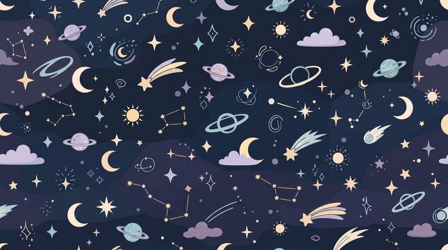 Cosmic space stars and planets seamless pattern illustration