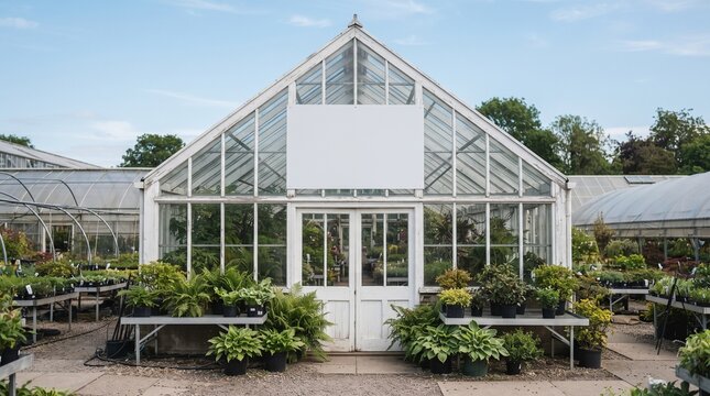 Large greenhouse filled with lush tropical plants and potted greenery under brig