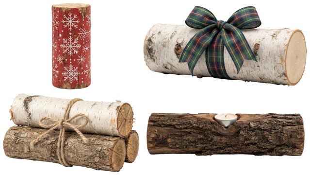A festive collection of decorative yule logs featuring candles, carved details, ribbons, and rustic wood finishes.