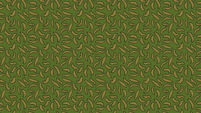 Seamless looping 2D animation pattern of mustard yellow maggots on an olive green background for Halloween, creepy game textures, fishing app UI, pest control social media ads, or animated web banners