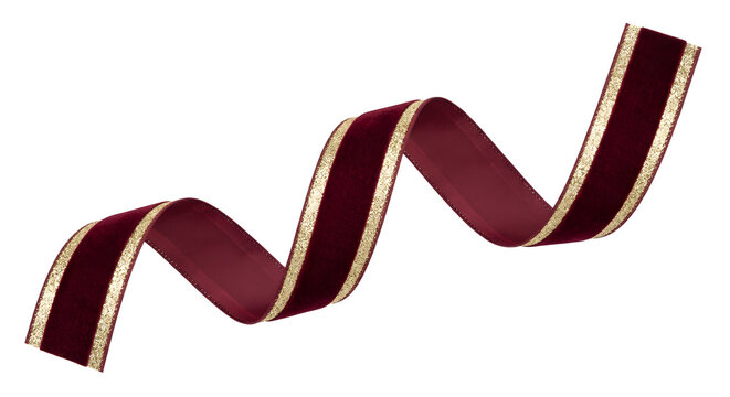 Twisting burgundy velvet ribbon with gold trim on transparent background