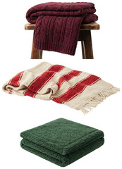 A set of folded and draped throw blankets in varied textures and colors, perfect for cozy home decor concepts. © A2026_XXX