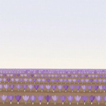Saffron crocus field landscape background with low purple clusters and pale morning sky