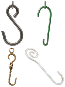 A collection of assorted Christmas ornament hooks in varied styles, finishes, and materials for hanging holiday baubles.