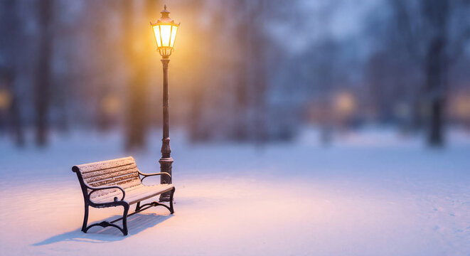 Empty wooden park bench next to glowing street lamp in deep snow during quiet winter evening
