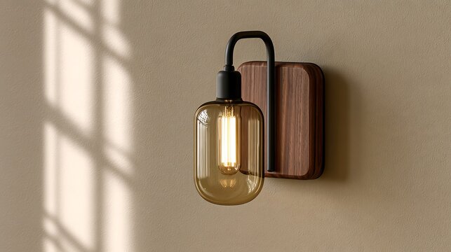 Modern wall-mounted light fixture with vintage style bulb and wooden backplate