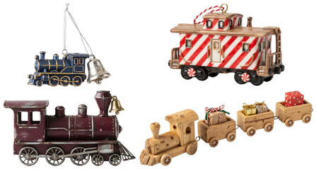 A festive set of miniature Christmas train ornaments in varied styles, colors and finishes for holiday tree decorating. © A2026_XXX