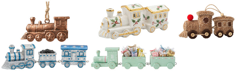 A festive set of decorative train ornaments in varied materials and styles for holiday tree decorating. © A2026_XXX