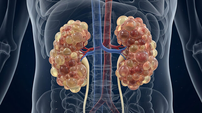 Human kidneys heavily affected by multiple fluid filled cysts illustrating polycystic kidney disease symptoms
