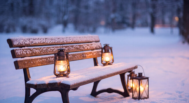 Snow covered wooden bench holds glowing candle lanterns in a peaceful park during cold winter evening