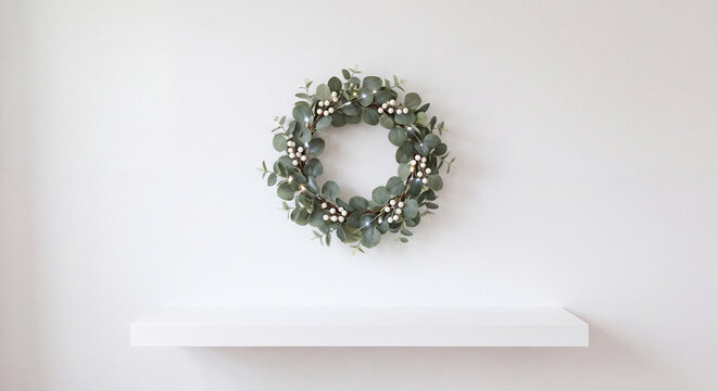 Minimalist white interior wall shelf with hanging pine wreath for seasonal holiday decor