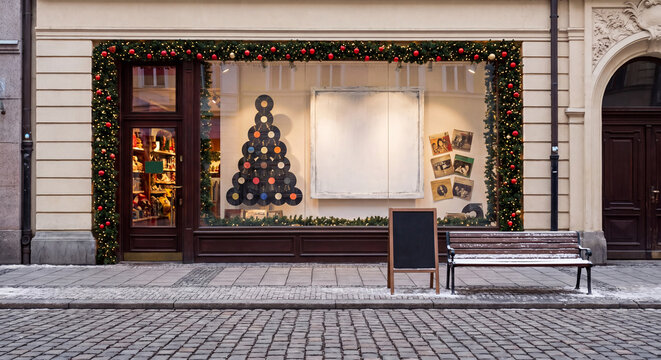 Christmas tree storefront window display with lights and blank poster mockup on a decorated building facade