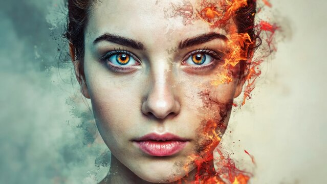 Close up portrait of a woman with half face burning in fire and smoke