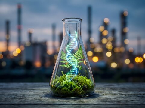 Plant dna strand growing inside an erlenmeyer flask laboratory setting