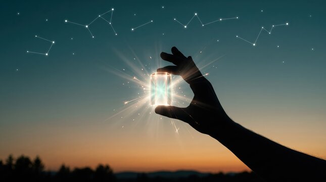 Silhouette hand holding glowing magical crystal cube against starry night sky with constellation lines, fantasy concept art symbolizing power, mystery, and supernatural energy